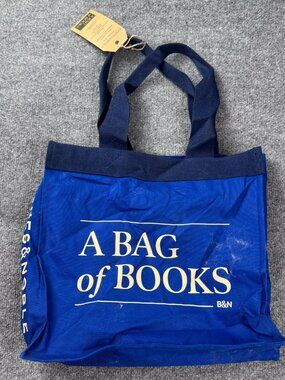 Barnes & Noble A Bag of Books Tote Bag Organic Cotton Re-Wrap Blue Cream lint